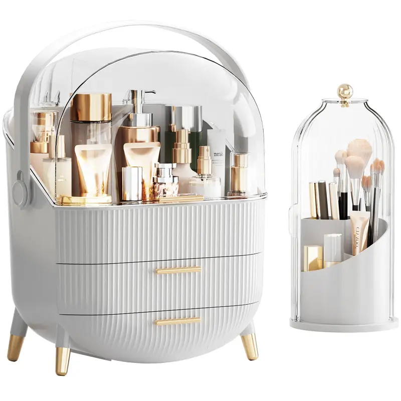 Fanado Organisateur Maquillage Tout-en-Un – Vanity avec Tiroirs et Couvercle Acrylique (Blanc)