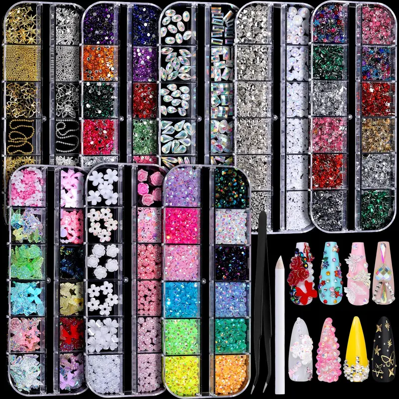 FANDAMEI Kit Charms Ongles – 8 Boîtes, Strass et Charms 3D pour Nail Art