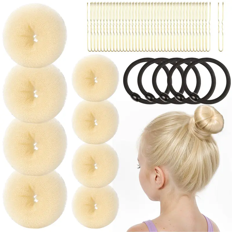 FANDAMEI Kit Chignon Donut Or – 4 Petites + 4 Extra-Petites, Élastiques et Pinces