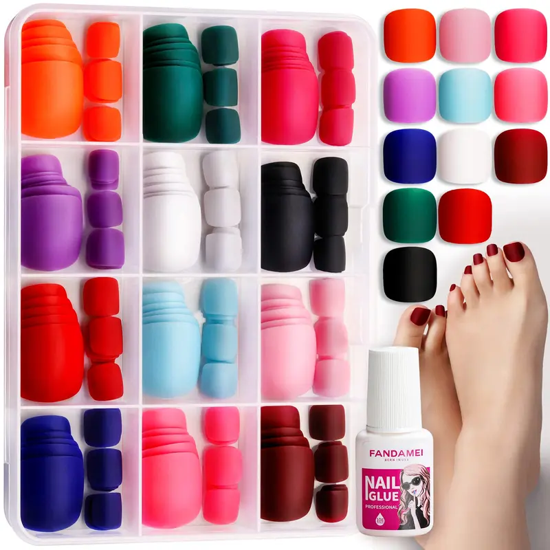 FANDAMEI Ongles d’orteil à poser – 288 pièces, 12 coloris mats, forme courte carrée