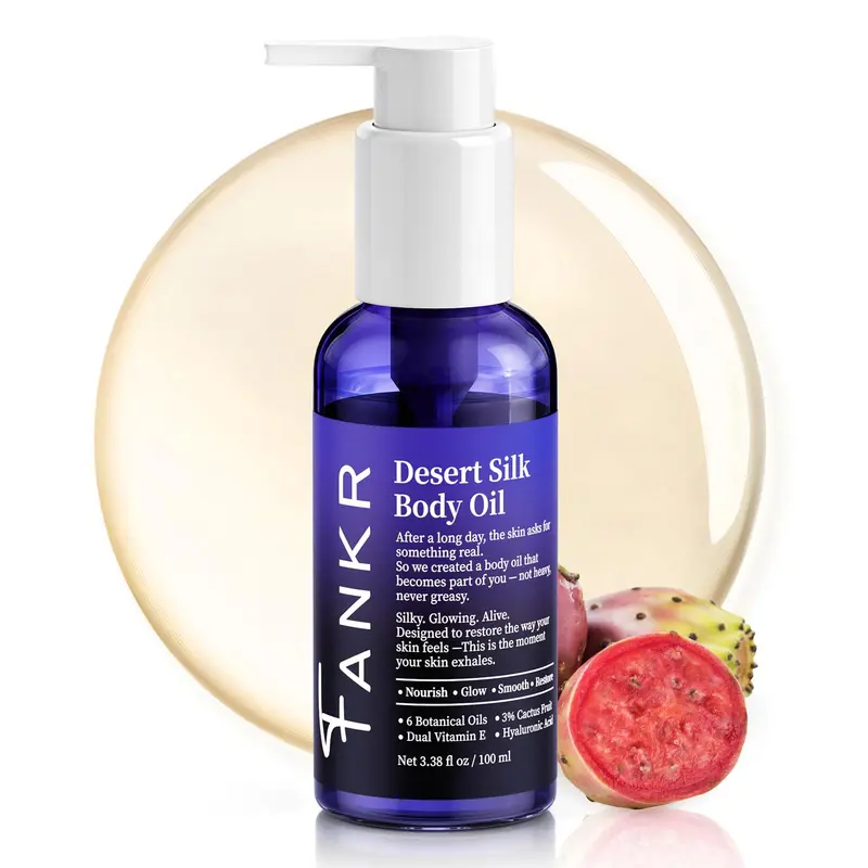 Fankr Desert Silk – Huile Corporelle Raffermissante à Double Phase, Absorption Instantanée Après Douche, Éclat 72H, 6 Huiles Botaniques, 3% Fruit de Cactus & HA, 100 ml