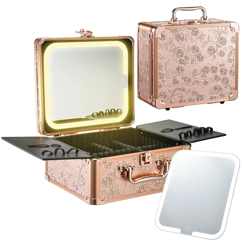 Faquenc Coffret Maquillage avec Miroir LED Amovible – Étui de Voyage Rose Doré, Trois Couleurs et Rangement