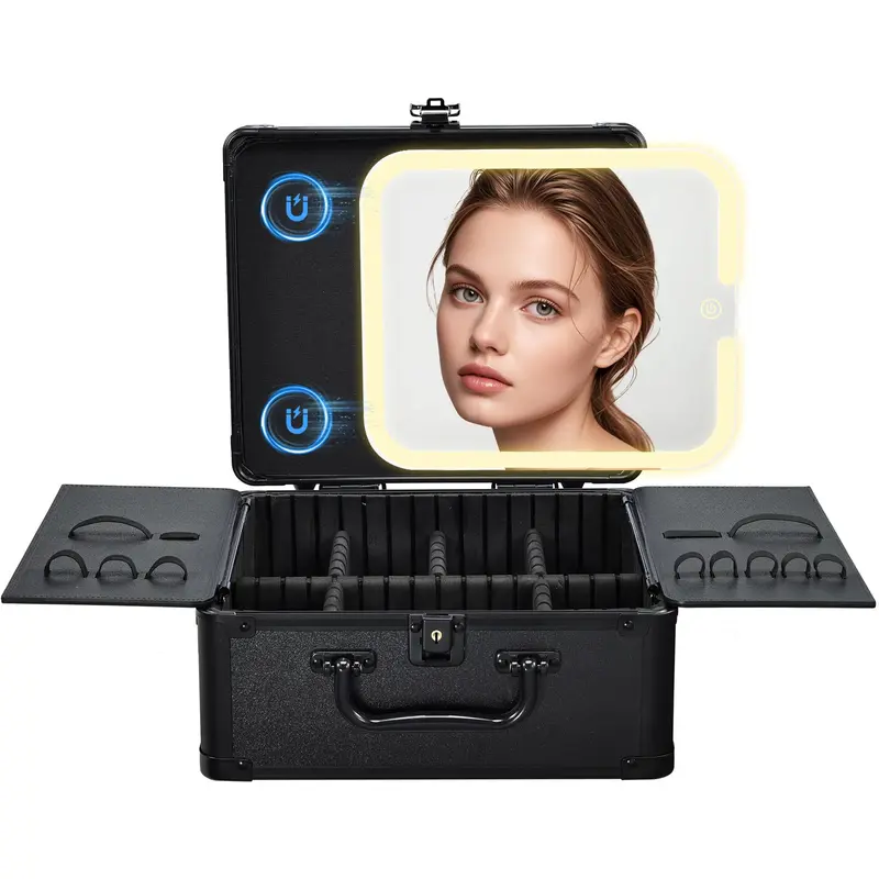 Faquenc Trousse de Maquillage avec Miroir LED Magnétique – Organisateur de Voyage, Miroir à 3 Couleurs, Serrure et Clés, Compartiments Amovibles, Noir