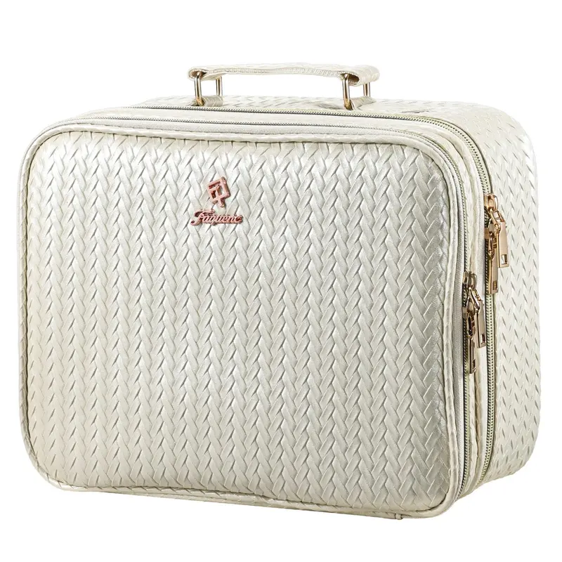 Faquenc Trousse Maquillage avec Miroir LED 12,2 pouces – Double Étage, Éclairage Ajustable en 3 Couleurs, Organisateur Beige