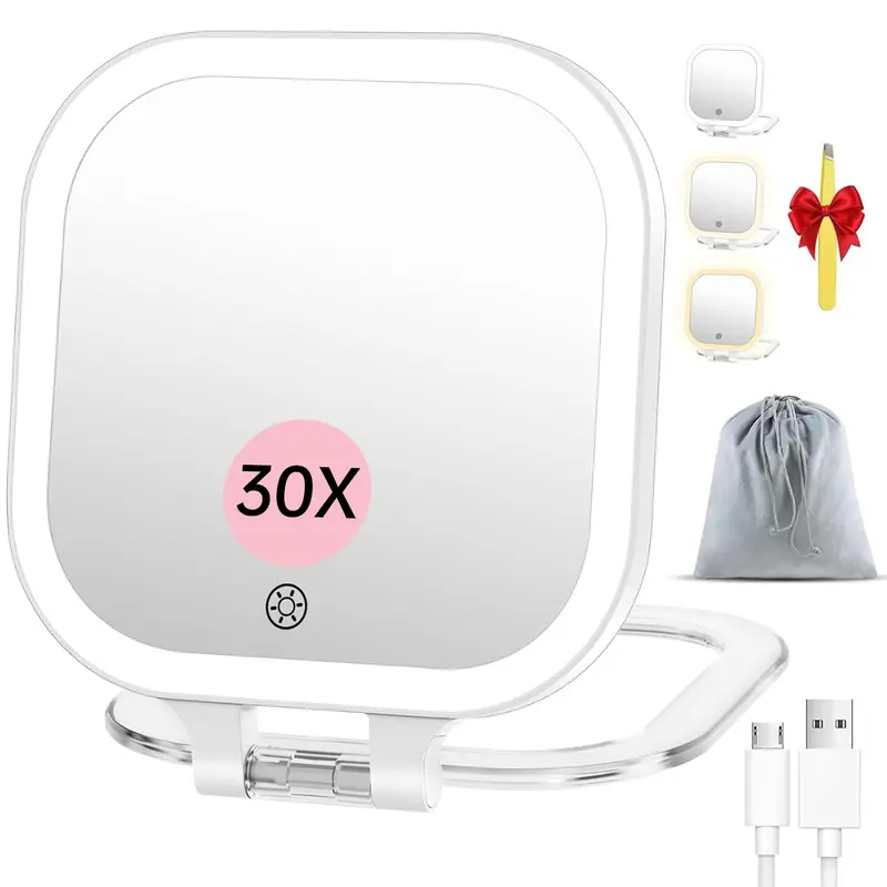 FASCINATE Miroir de Voyage Rechargeable 30x – Éclairage 3 Couleurs, Double Face LED (Blanc + Sac)