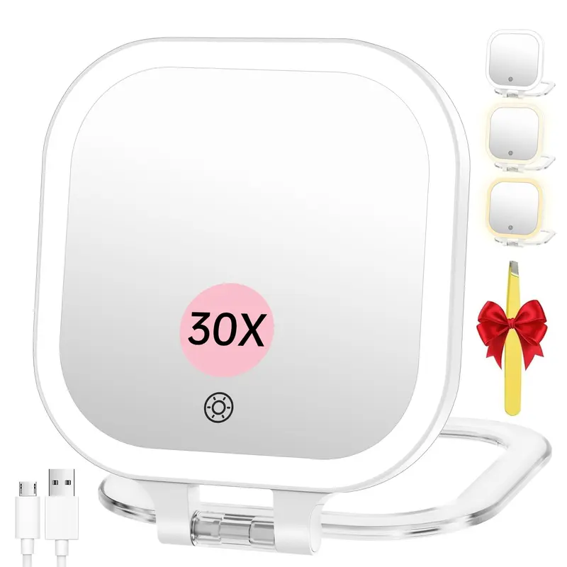 FASCINATE Miroir Maquillage Voyage 30x – 7 pouces, DEL, 3 couleurs, Intensité réglable, Double Face, USB-C