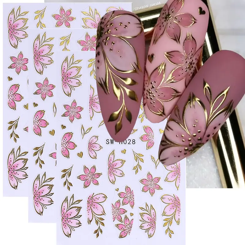 FBABFBUO – Autocollants Ongles 5D Fleur Dorée (6 pièces) pour Manucure Estivale