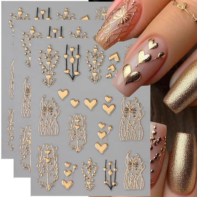 FBABFBUO – Coeurs dorés 3D pour ongles, décalques nail art bronze