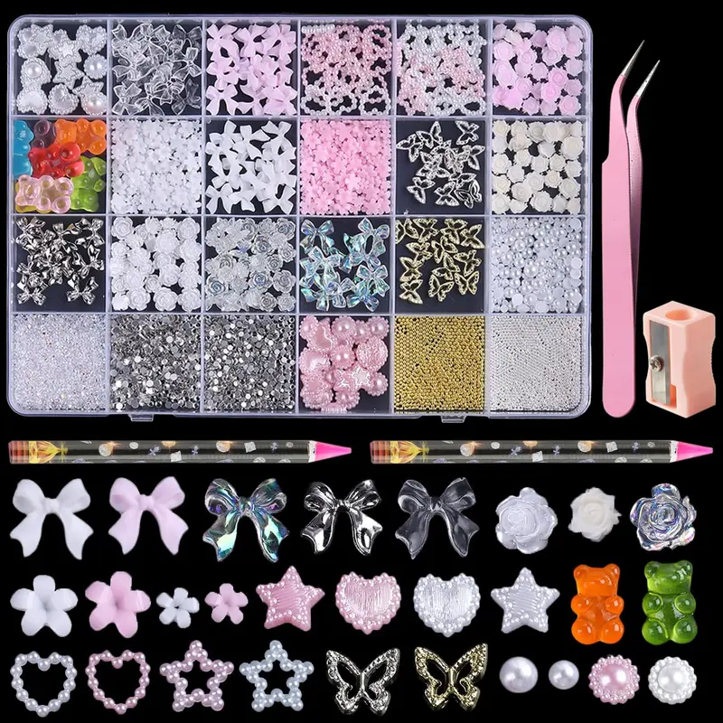 Fcozpjk Charms Ongles 3D en Lot – Fleurs, Cœurs, Papillons et Gemmes – Outil de prélèvement Inclus