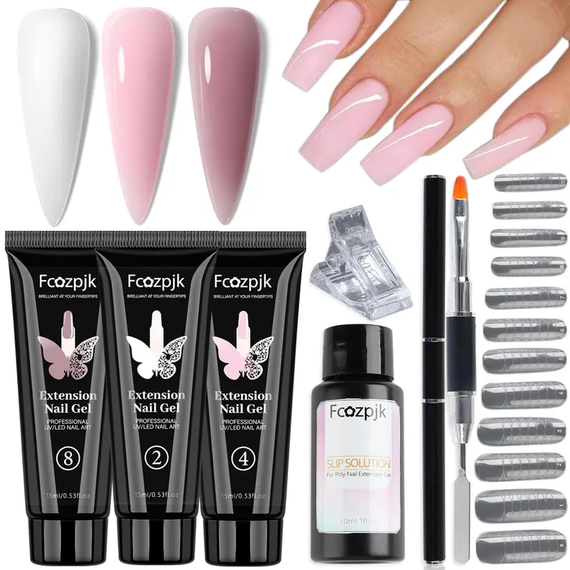 Fcozpjk Kit Gel Poly – Gel d'Extensions Ongles Blanc, Rose et Mauve avec Solution de Glisse et Formes d'Extensions Duales