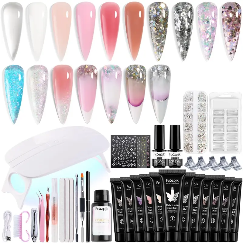 Fcozpjk Kit Gel Poly Ongles avec Lampe UV — 12 Couleurs, Kit de démarrage Complet, Couche de Base et Couche de Finition