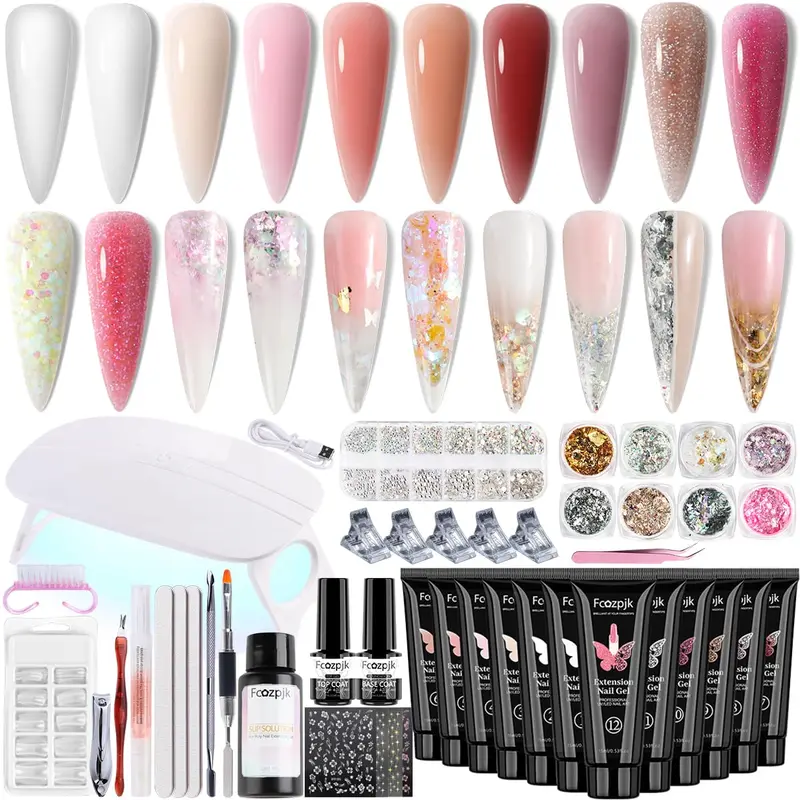 Fcozpjk Kit Gel Poly pour Ongles – 12 Couleurs, Lampe UV Mini, Formes Dual, Ensemble Débutant