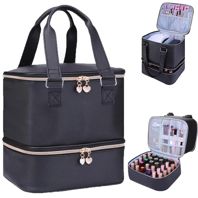 FCQQYWZ Étui Vernis à Ongles Double-Couche – Capacité 30+ Bouteilles et Lampe Intégrée, Noir