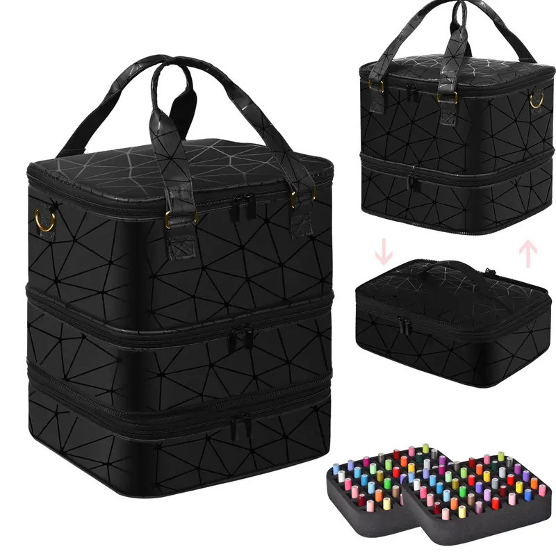 FCQQYWZ Grand Organisateur Vernis – 84+ Bouteilles, Lampe LED/UV, 3 Niveaux, Étui de Voyage Noir