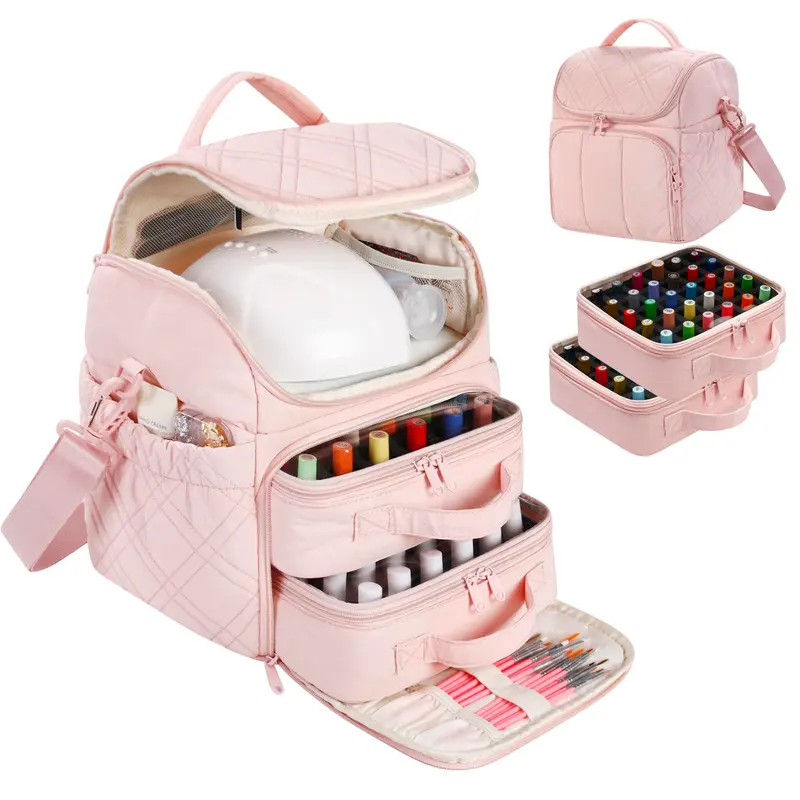 FCQQYWZ Organiseur Vernis à Ongles avec 2 Étuis Detachables – Capacité 60 Bouteilles et Lampe, Portable avec Poignée et Sangle, Sac Voyage Manucure