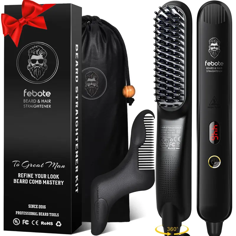 FEBOTE Brosse Chauffante Ionique pour Hommes – 5 Réglages, Anti-Brûlure, Barbe & Coiffure, Étui de Voyage