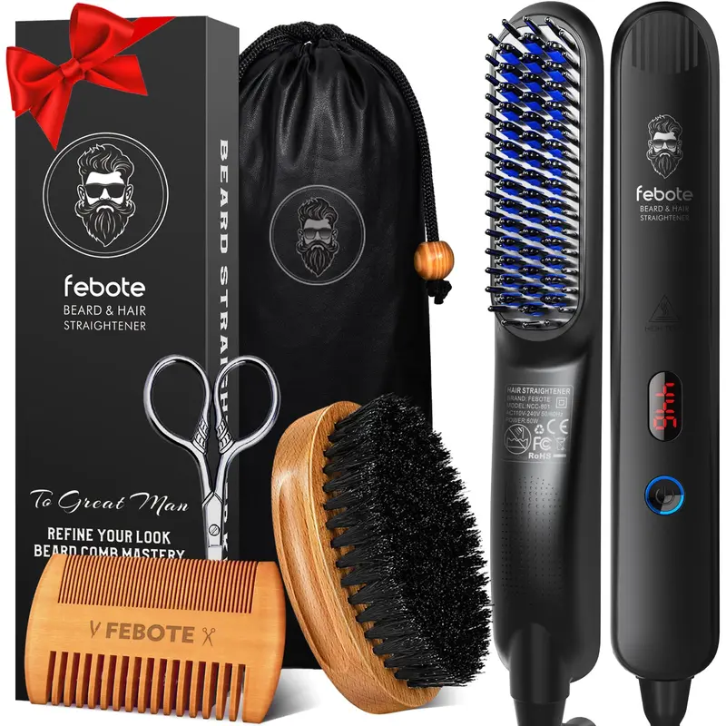 FEBOTE Innovation — Lisseur barbe & cheveux pro, brosse crin naturel, peigne bois poirier, ciseaux moustache et sac voyage