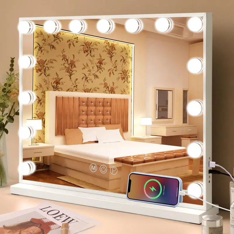 Fenair Miroir Vanité Hollywood avec Éclairage – 15 Ampoules, 3 Nuances, USB et Loupe 10x Détachable
