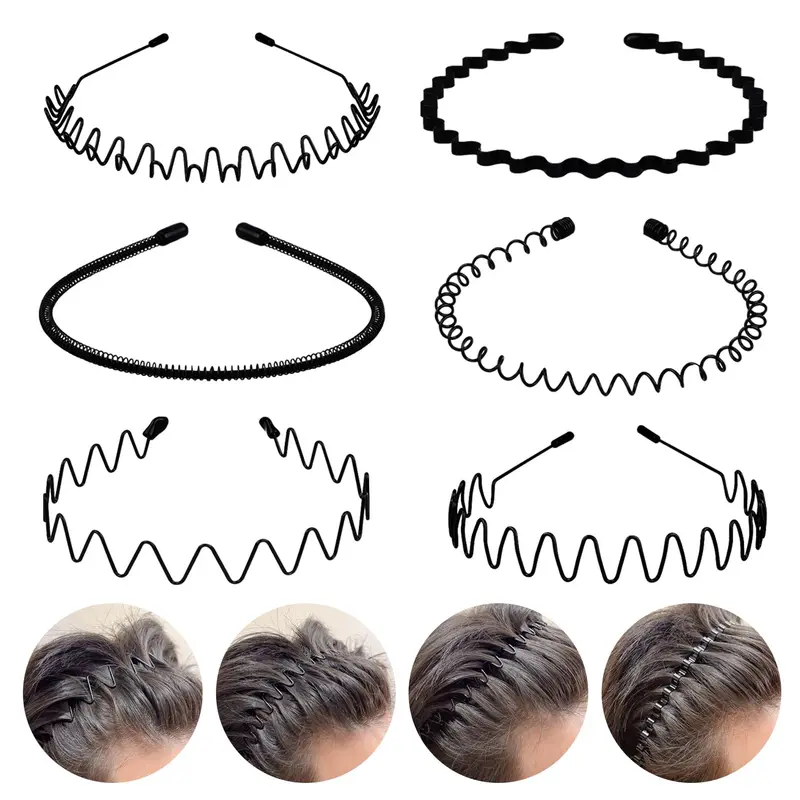 fenshine – 6 bandes cheveux métalliques, anneaux ondulés noirs, bandeau anti-glisse unisexe