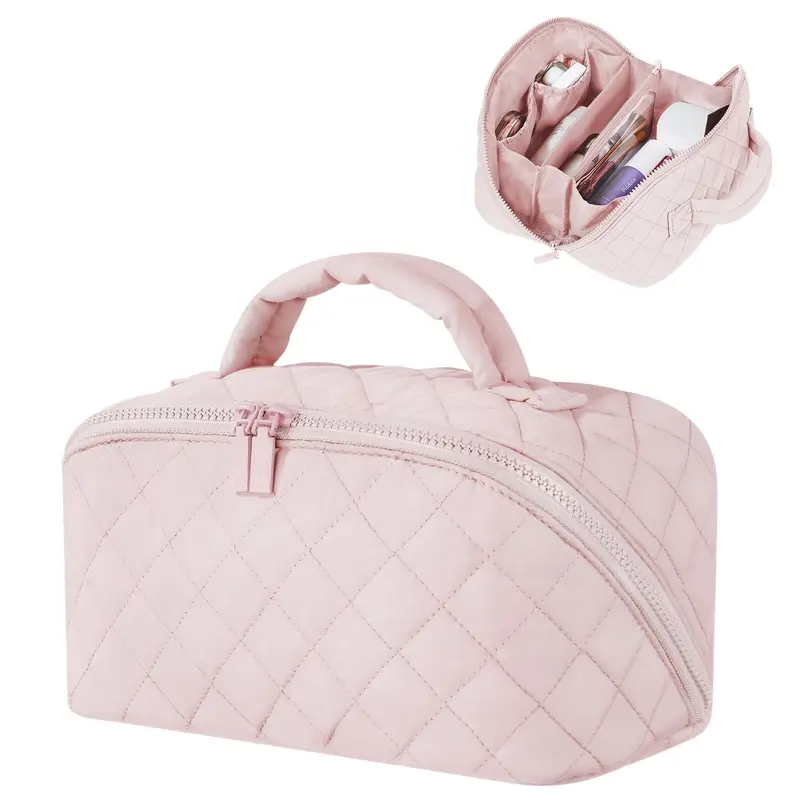 Festivalment Pochette Maquillage Femme – Ouverture 180°, Étanche, Grand Organisation (Rose)