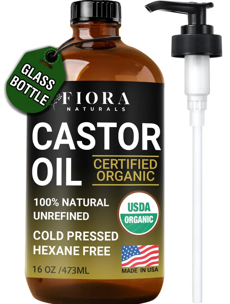Fiora Naturals – Huile de Ricin Biologique Pure 16 oz en Bouteille Verre avec Pompe – Sans Hexane – Certifiée USDA