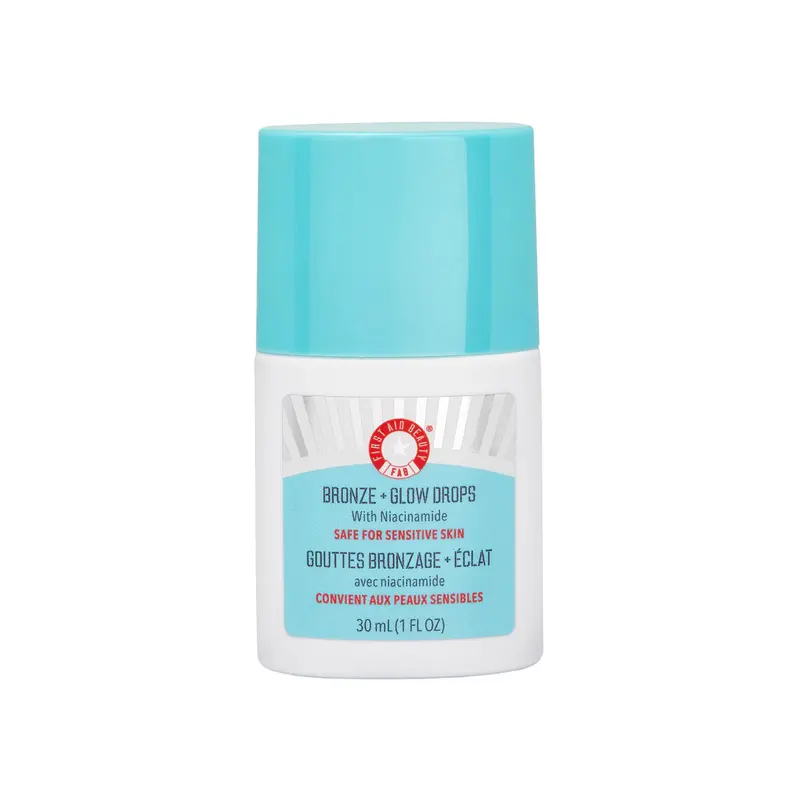 First Aid Beauty Bronze + Glow Drops avec Niacinamide – Teint uniforme, Floute les pores et hydrate 24h, Teinte bronze, Non comédogène, Peaux sensibles, 1 oz
