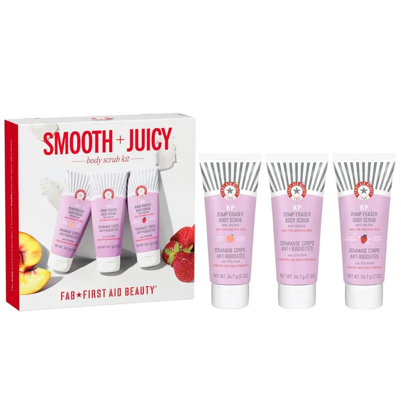 First Aid Beauty Gommage KP pour le corps – 10% AHA, kit d’exfoliation quotidien (Fraises, Pêche et Original) – 2 oz