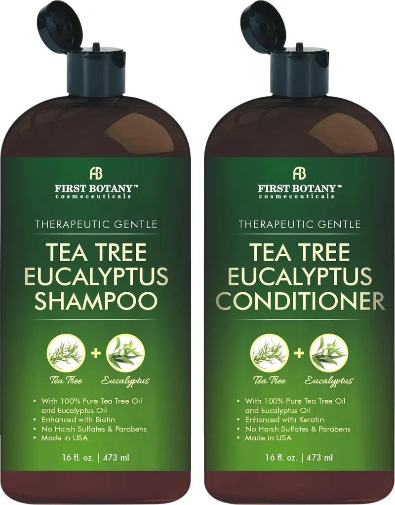 First Botany – Coffret Shampoing Arbre-thé et Eucalyptus – Clarifiant & Soin Cuir Chevelu – Charbon Actif, Biotine & Kératine – Sans Sulfates – 2 x 473 ml – Fabriqué aux États-Unis