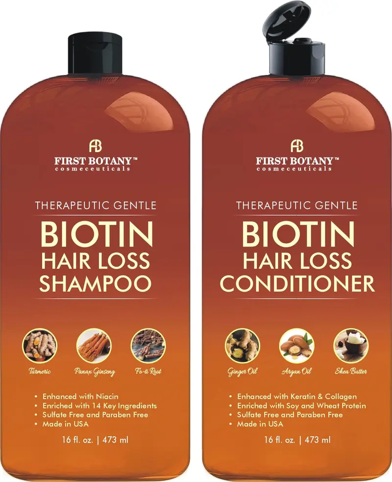 First Botany – Shampooing et Après-Shampooing Anti-Chute à la Biotine et bloqueurs de DHT – Sans sulfates – 2 x 473 ml