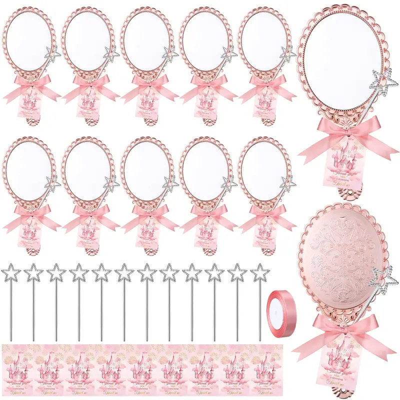 Fiwochic Miroir Vintage de Poche Rose Gold avec Baguette Féérique en Strass – Favors Princesse et Voyage