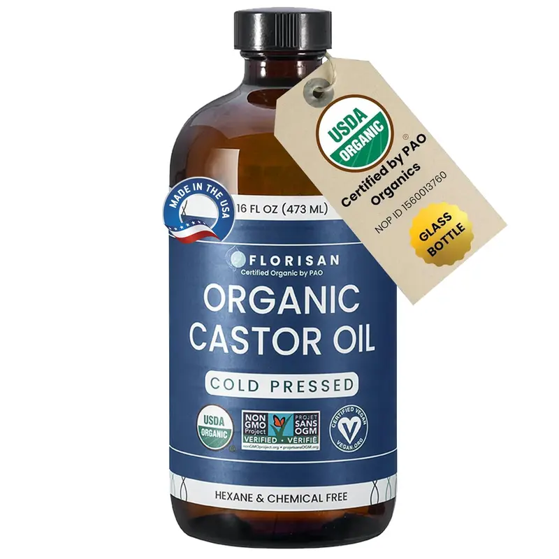 Florisan Huile de Ricin Bio 16oz — Pressée à froid, sans hexane, pure et certifiée USDA Organic et vérifiée par EWG