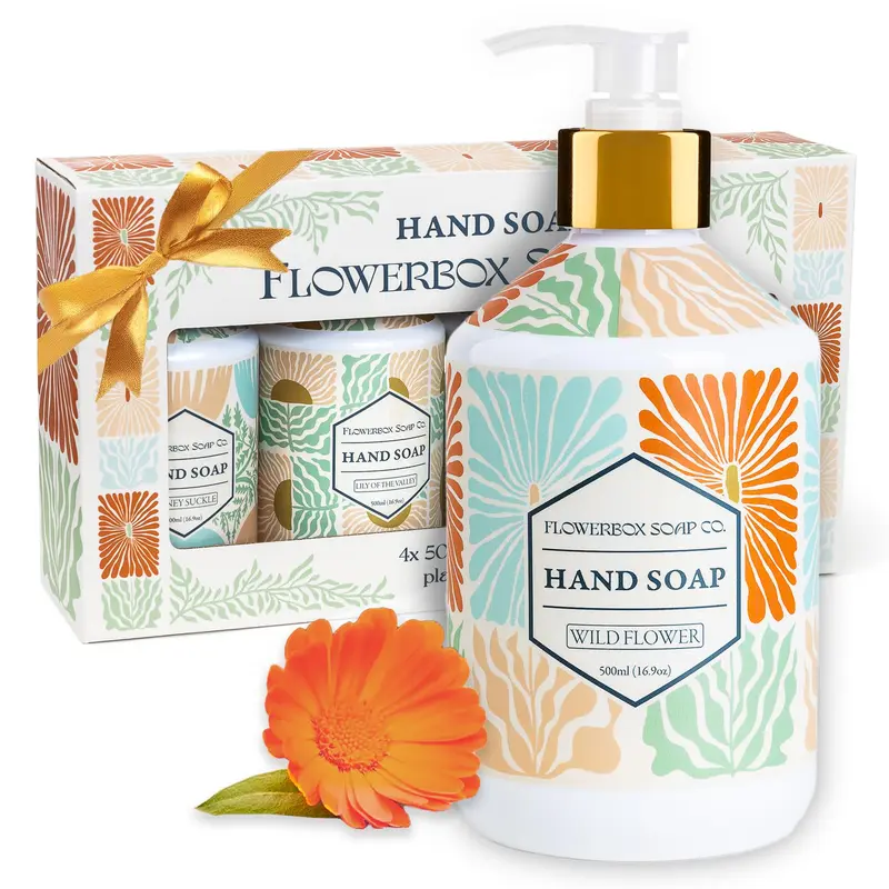 FlowerBox Savon Mains Liquide – Coffret 4 Bouteilles 500 mL, Mosaïque Florale, Déco Élégante