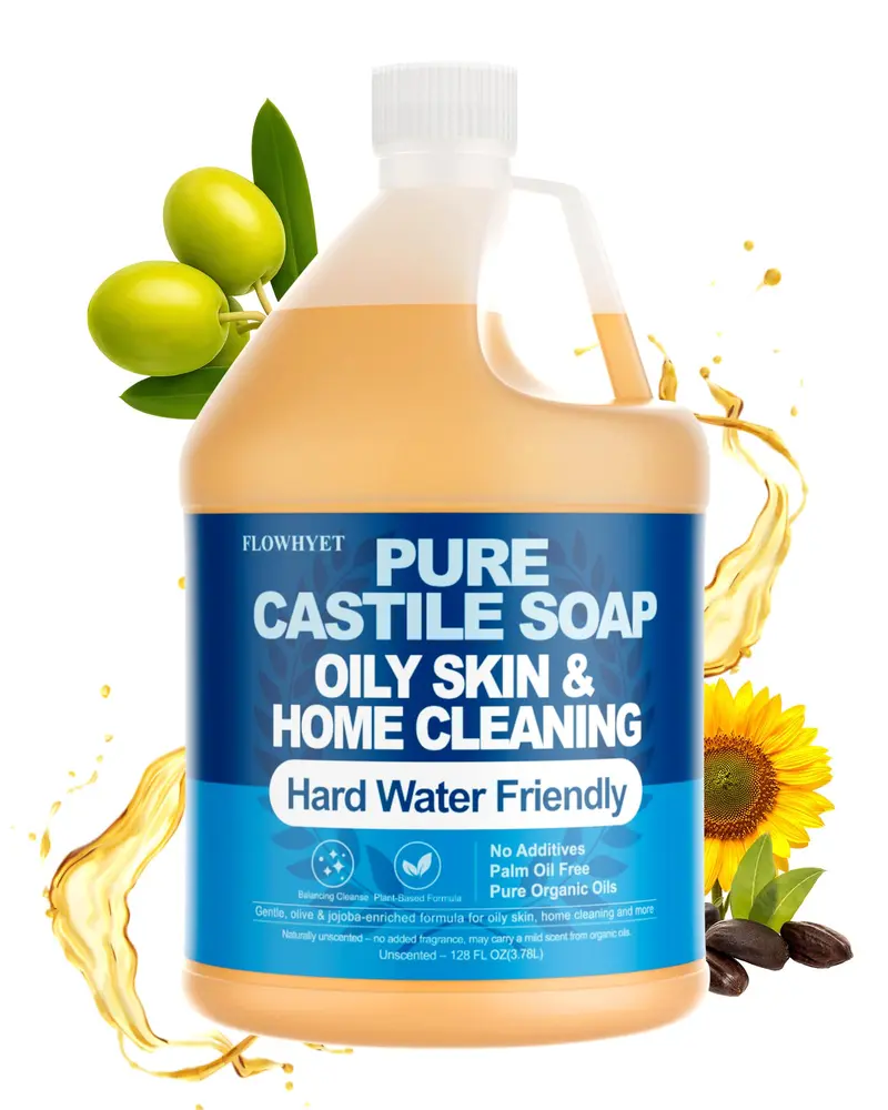 FLOWHYET Savon Castille Pur – Recharge 1 gal, Sans Senteur, Nettoyage Multi-Usage (Mains, Corps, Vaisselle)