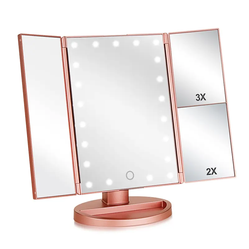 Flymiro Miroir de Maquillage Tri-fold Éclairé – 3x/2x, 21 diodes lumineuses, Rotation 180°, Rose Doré