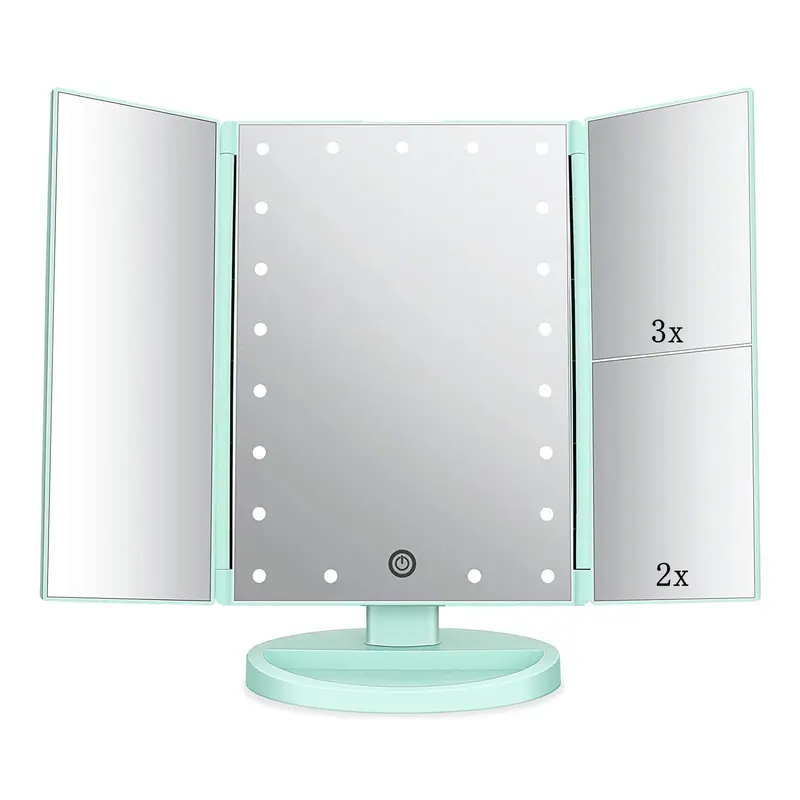 Flymiro Miroir de Maquillage Tri-Fold Éclairé – 3x/2x, 21 LEDs, Rotation 180°, Vert