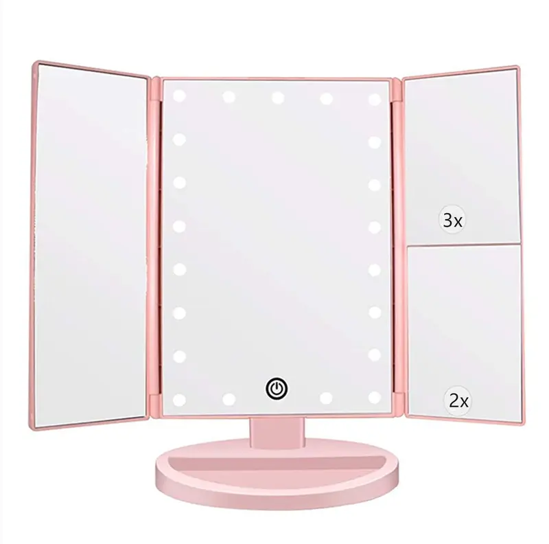 Flymiro Miroir de Maquillage Tri-Fold Lumineux – 3x/2x, 21 LEDs, Rotation 180°, USB/Piles, Or Rose