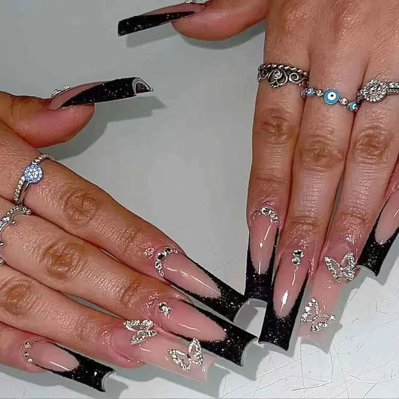Foccna Ongles à poser Longs Strass Rose – Carré Noir, 24 Pièces