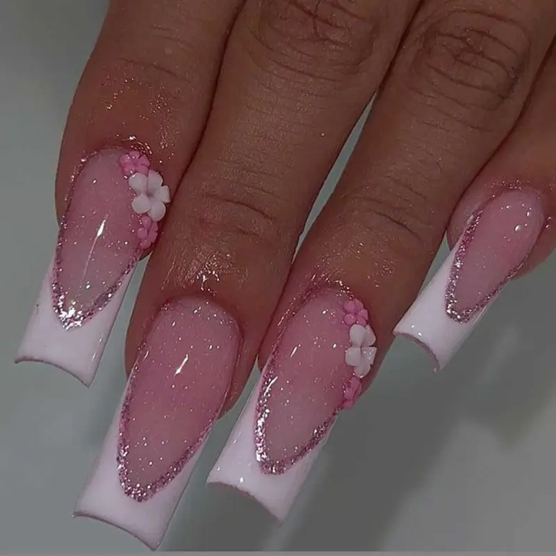 Foccna Ongles Autocollants Longs – Strass Roses, Fleur 3D, Manucure Rapide (24 pièces)