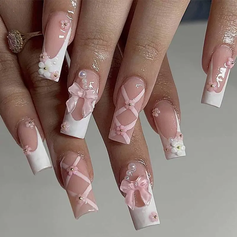 Foccna Ongles Autocollants Rose Paillettes Carré – Medium Long, Kit 24 Pièces