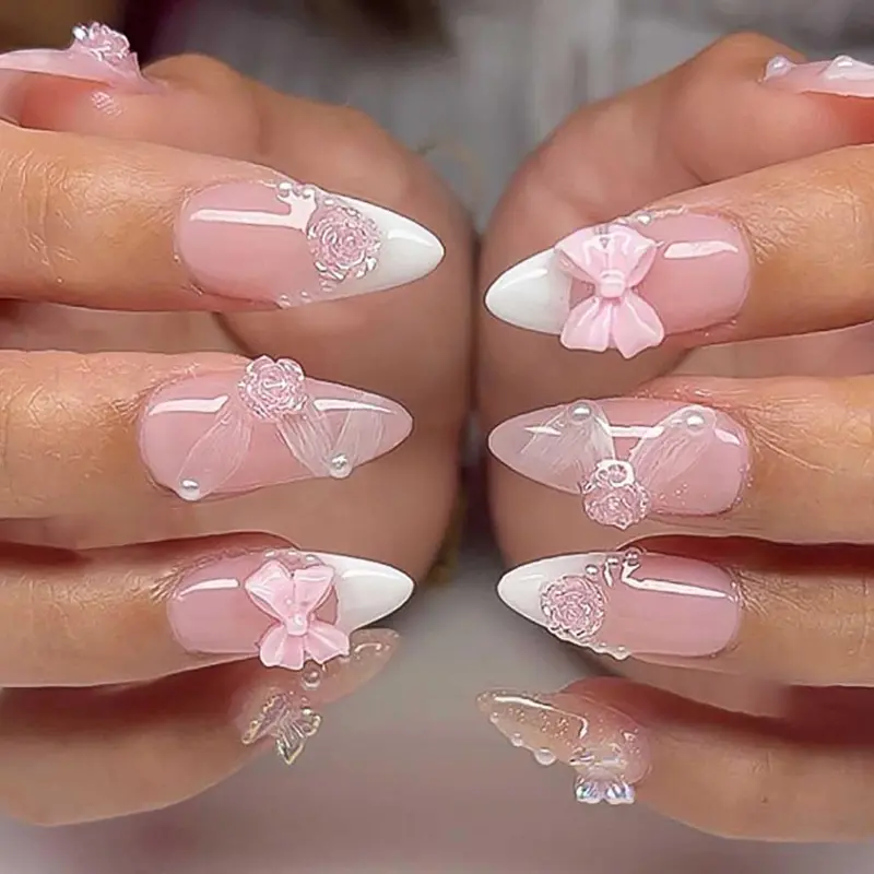 Foccna Ongles Presse Rose 3D Fleurs – Amande Blancs, Faux Ongles Acryliques, Lot de 24 Pièces
