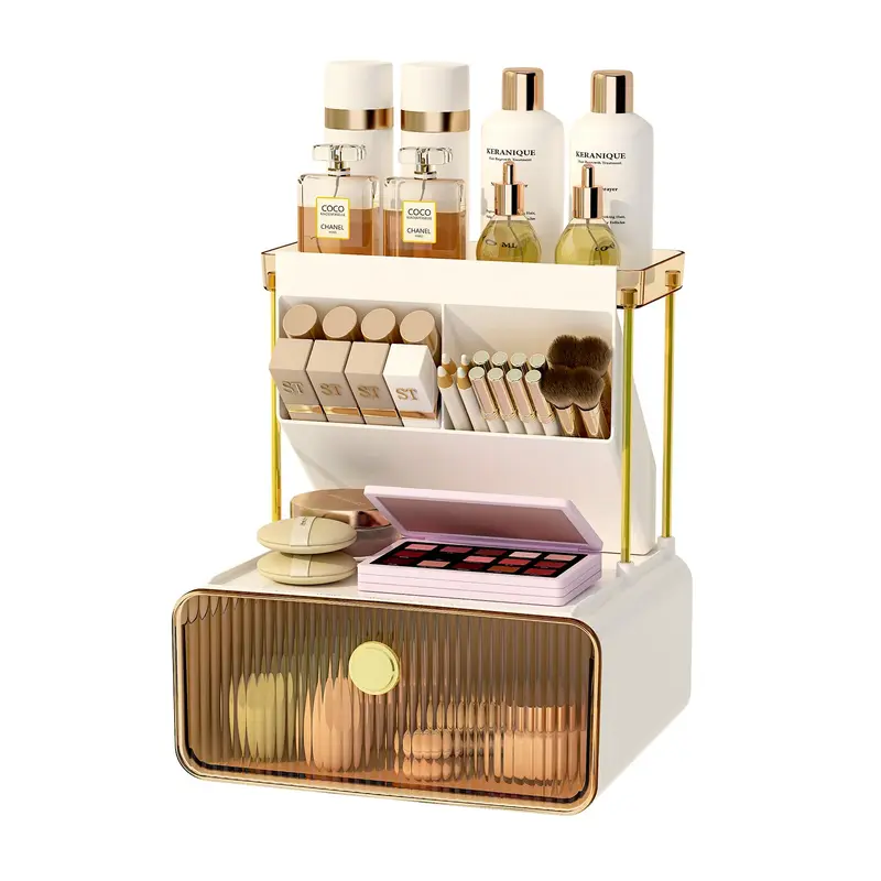 FOLLOWIN Organiseur Maquillage 3 niveaux avec Tiroir – Ambre