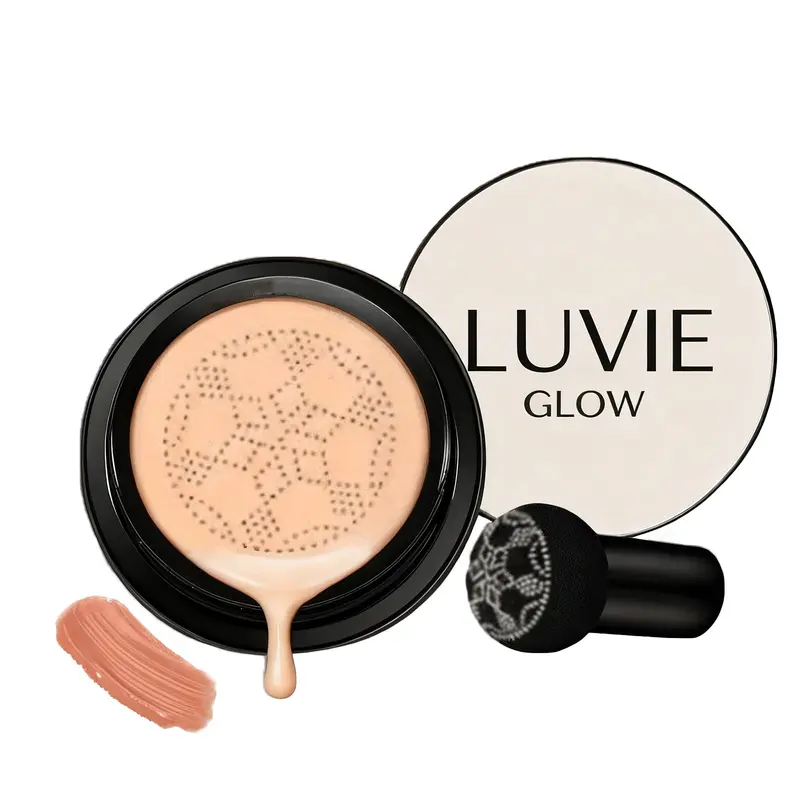 Fondation Cushion Luvie Glow – CC Cream Air Champignon, Hydratante et Durable pour Tous Types de Peau (Teint Brun Foncé)