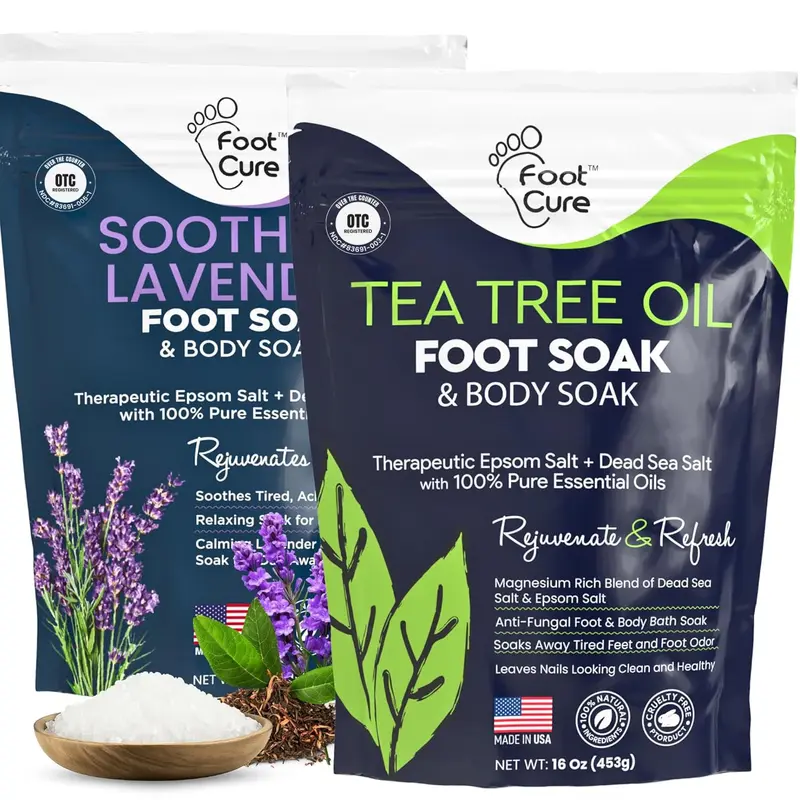 FOOT CURE Bain Pieds Lavande Tea Tree – Sel d’Epsom, Lot de 2 (16 oz chacun) – Soin Ongles & Callosités