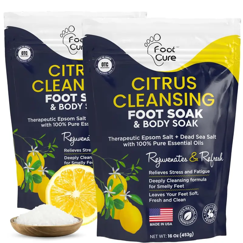 FOOT CURE Citrus Detox Bain de Pieds – Sels d’Epsom, Détox Citrus – Callosités, Ongles Endommagés, Mycoses du Pied – Lot de 2 × 16 oz