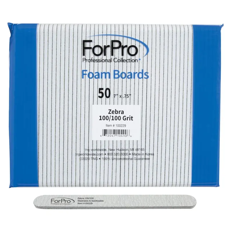 ForPro Zebra – Lime à ongles en mousse double-face, grain 100 sur les deux faces, 50 pièces, 7 po × 0,75 po