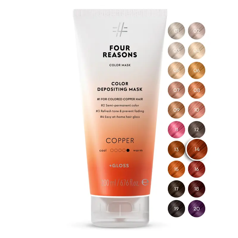 FOUR REASONS Color Mask Cuivre – Soin brillant capillaire et dépôt de couleur pour cheveux colorés (27 couleurs) – Tonifiant capillaire semi-permanent végane et sans cruauté – 6,76 oz