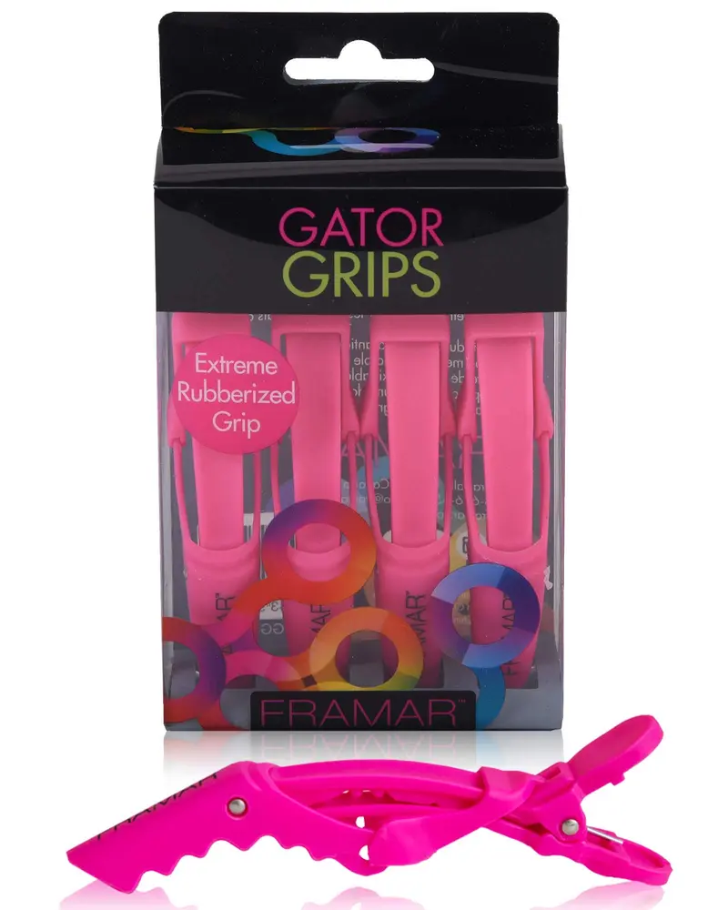 FRAMAR Gator Grips Rose – Pinces à cheveux professionnelles, coiffage et sectionnement, anti-glisse, 4 pièces