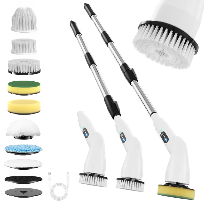 Francy Home - Brosse Électrique Rotative avec 8 Têtes et Perche Télescopique 51,2 po | Nettoyage Cuisine et Salle de Bains