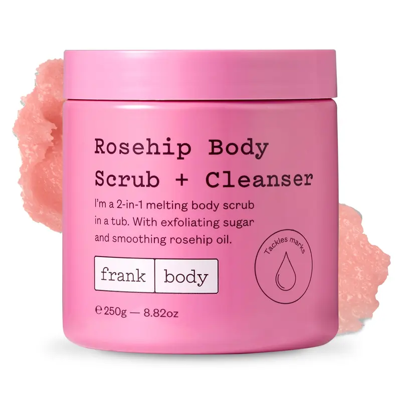 frank body Gommage et Nettoyant Corps à l'huile de rose musquée | Exfolie, adoucit et éclaire | Vegan & Cruelty-Free | 250 g