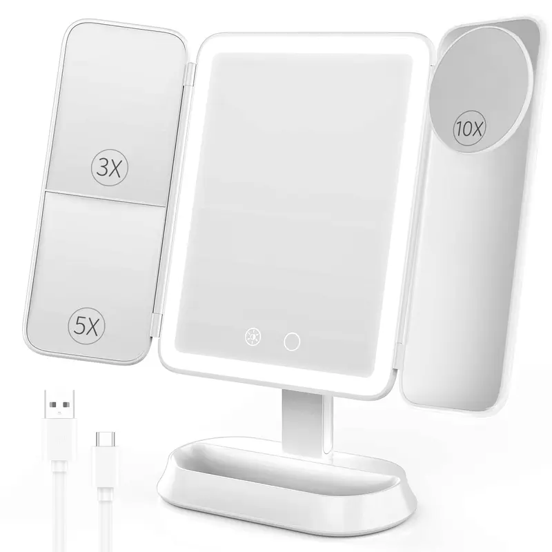 FRANO Miroir de maquillage lumineux avec éclairage 3 couleurs et grossissements 2x/3x, 10x détachable, rechargeable